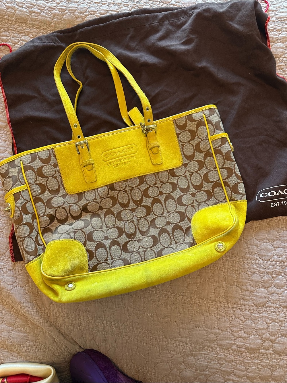 Coach Brown Signature Canvas Tote with Yellow Leather Trim